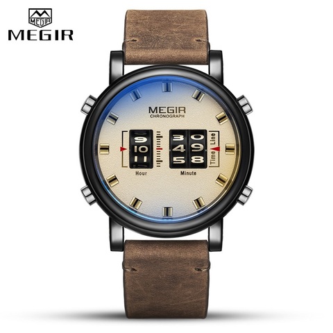 MEGIR – montre à Quartz en cuir pour hommes, Design de rouleau, horloge d'affaires, étanche, Sport décontracté ► Photo 1/6