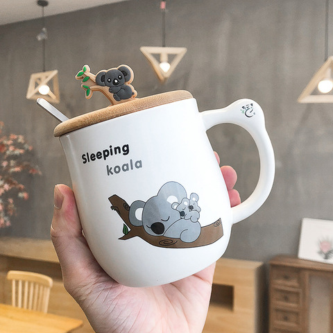 Tasse à café koala en céramique 450ML, mignon, dessin animé, animal créatif, avec cuillère, couple, couvercle en bois, tasse à lait pour petit déjeuner ► Photo 1/6