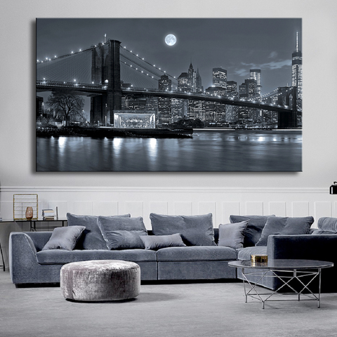 Grand pont à Brooklyn moderne avec vue de nuit, affiche en toile, peintures artistiques, images d'art ► Photo 1/6