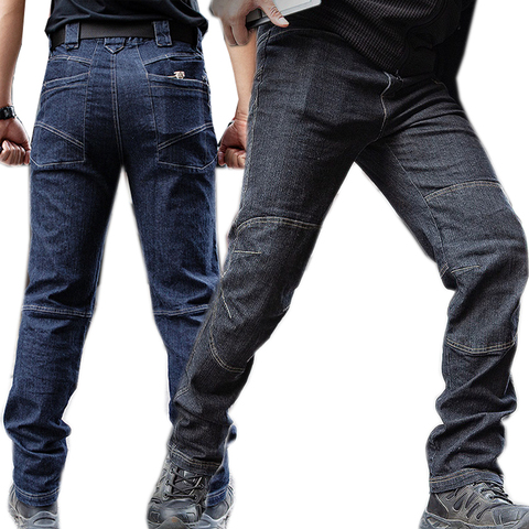 Pantalon en jean tactique pour homme, en jean extensible, confortable, longueur complète, multiples poches, pour aller travailler pour renforcer l'entraînement des genoux ► Photo 1/6