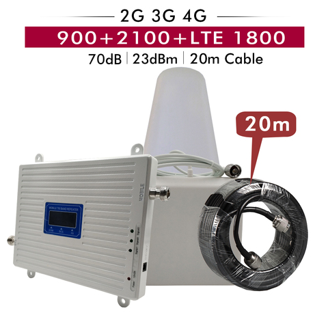 Gain 65dB triple bande répéteur GSM 900 + DCS/LTE 1800 + WCDMA UMTS 2100 amplificateur de Signal Mobile 2G 3G 4G amplificateur cellulaire 20m ensemble de câbles ► Photo 1/6