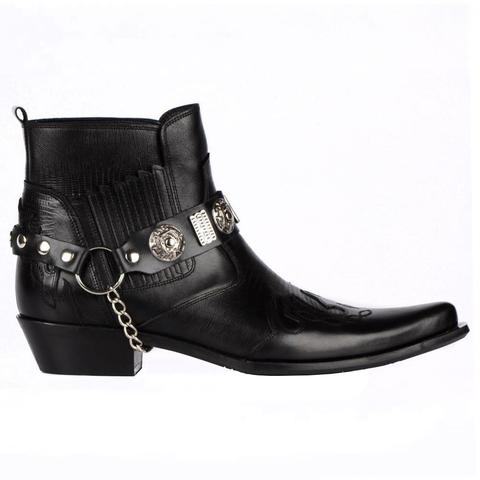 FootCourt-noir Cowboy bottines Texas bottes Western bottines en cuir véritable bout pointu amovible boucle cheville harnais ► Photo 1/5