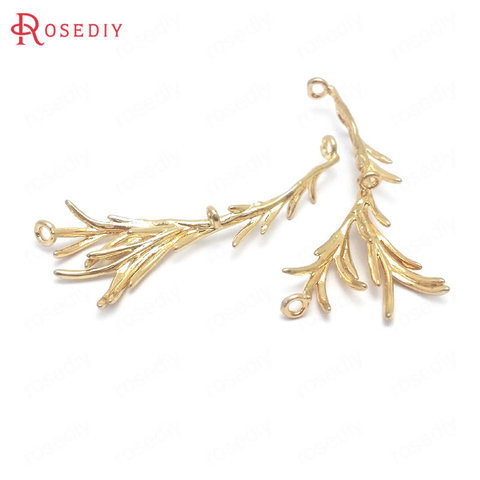 Pendentifs en laiton couleur Champagne or 24K, 2 trous, branche feuilles, breloques, 43x18MM, fournitures pour la fabrication de bijoux, accessoires de bricolage, 6 pièces, 38887 ► Photo 1/4