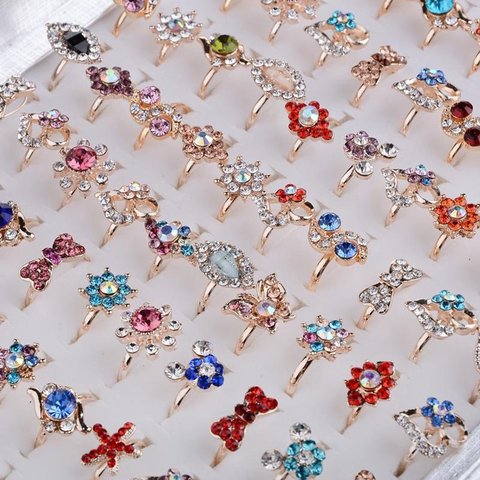 10 pièces Style mixte arc fleur forme bijoux Lots coloré cristal strass enfant enfants anneaux pour femmes filles ► Photo 1/6
