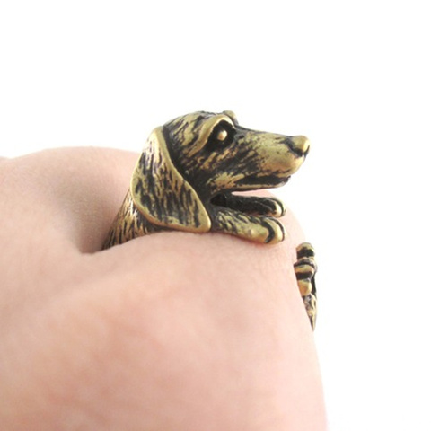 Bagues en Bronze Antique pour chien, anneaux de doigts réglables en 3D, noir, réaliste, chien teckel, chiot Animal ► Photo 1/6