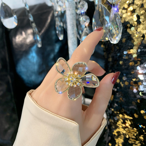 Bague à fleurs en verre cristal, bijou de haute qualité incrusté de cuivre, anneau à fleurs en verre cristal pour femmes, bijoux de luxe exagéré ► Photo 1/5