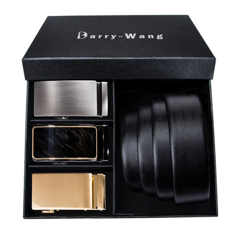 Barry.Wang – ceinture en cuir de vache noir pour hommes, carré doré, automatique, sangle de taille, boucle argentée, ensemble pour cadeau ► Photo 1/6