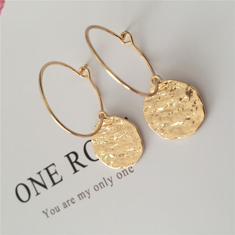 Boucles d'oreilles en forme de vague d'eau pour femmes, bijoux de base martelés, couleur or plaqué, disque rond rugueux, style décontracté, nouvelle tendance ► Photo 1/6