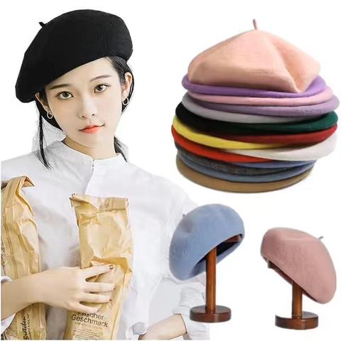 Chapeau français mode béret chapeau femmes feutre béret Style britannique filles laine béret dame couleur unie Slouchy bérets d'hiver pour les femmes ► Photo 1/6