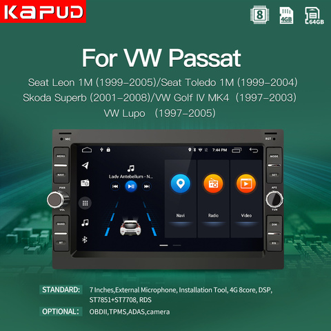 Kapud 7 ''lecteur multimédia autoradio Adnroid 10 pour VW PASSAT B5 MK4 MK5 SHARAN Jetta Bora Polo TRANSPORT T5 CITI CHICO ► Photo 1/6