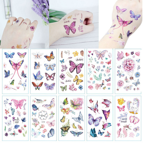 10 pièces enfants tatouages temporaires coloré papillon faux tatouage autocollant Tatoo étanche Tatto Art main pied tatouage pour les femmes filles ► Photo 1/6