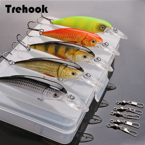 Trehook 5 pièces Bionic manivelle noir Minnow VIB Popper leurres de pêche dur artificiel appât Kit pêche brochet Wobblers ensembles d'appâts ► Photo 1/6