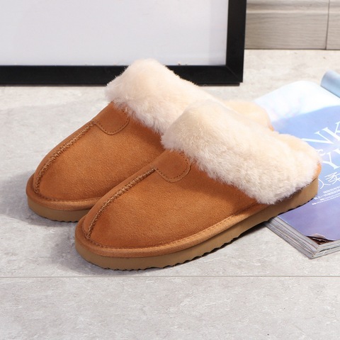 Réel fourrure pantoufles femmes mode en cuir véritable femme maison hiver pantoufles chaud intérieur pantoufles doux laine dame maison chaussures ► Photo 1/6