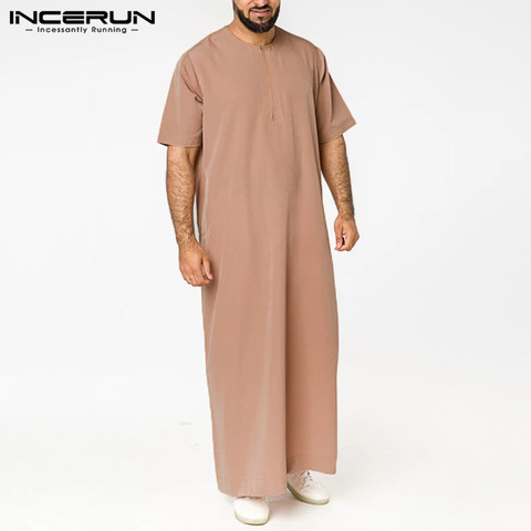 INCERUN hommes couleur unie Robes Style saoudien fermeture éclair Jubba Thobe homme Vintage à manches courtes O cou musulman arabe vêtements islamiques 5XL ► Photo 1/6