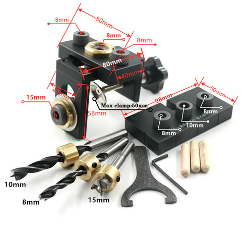 Gabarit de trou de poche de travail du bois de gabarit de Doweling réglable 3 en 1 avec le peu de foret de 8/15mm pour le perçage Guide localisateur perforateur outils bricolage ► Photo 1/6