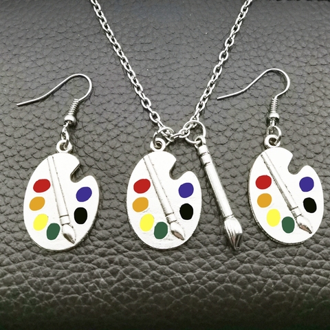 Ensemble de collier, boucles d'oreilles en plaqué argent, 1 ensemble de Palette, boucles d'oreilles, brosse d'artiste magnifique et lumineuse ► Photo 1/4