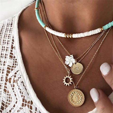 Collier bohème avec pendentif soleil en forme de fleur pour femmes, ras du cou en argile polymère, chaîne superposée de couleur or, bijoux à la mode, 2022 ► Photo 1/1