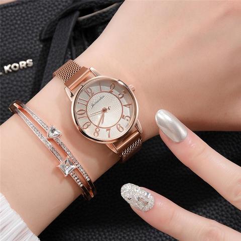 Montres numériques de marque de luxe pour femmes, montre en acier inoxydable doré, boucle magnétique, bracelet en maille, horloge à Quartz ► Photo 1/6