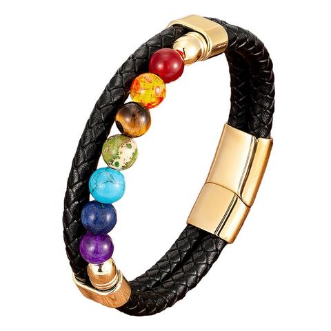 Bracelet classique en cuir véritable et acier inoxydable pour hommes et femmes, perle Chakra ronde en pierre naturelle, noir, bijoux à la mode, 2022 ► Photo 1/6