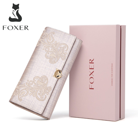 FOXER femmes porte-carte mode pochette en cuir fendu Long Tri-fold portefeuille fleur motif téléphone sac pochette sac à main porte-monnaie ► Photo 1/6