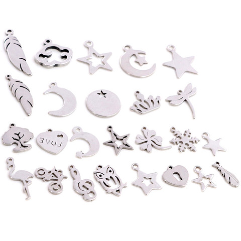 30 pcs/lot pas de breloques de décoloration 316 en acier inoxydable plume feuille lune étoile coeur pour collier pendentif breloques bricolage fabrication de bijoux ► Photo 1/5