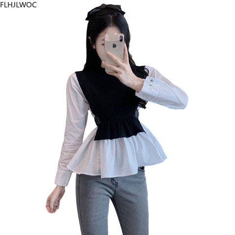 Offres spéciales nouveau Design femmes mode mignon doux Preppy Style filles Patchwork hauts à rayure Fuax deux pièces tricoté chandail chemises ► Photo 1/6