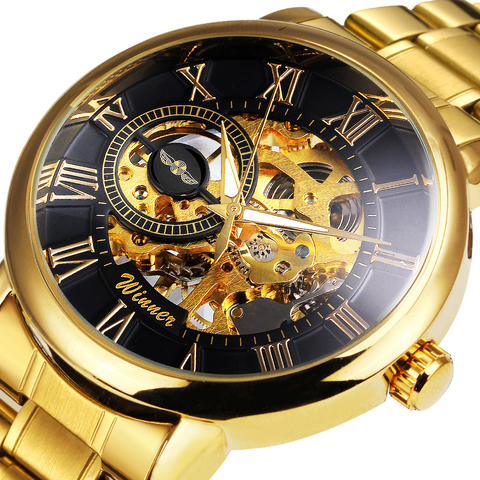 WINNER – montre-bracelet mécanique de luxe pour hommes, marque officielle, dorée, bracelet en métal, squelette, cadran classique, Business ► Photo 1/6