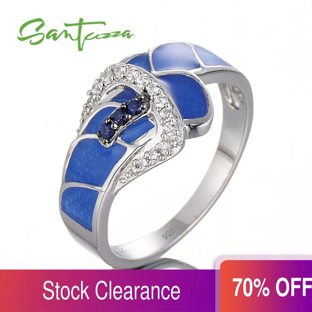 SANTUZZA pur 925 bague en argent Sterling pour les femmes créé bleu saphir CZ à la main émail ceinture bijoux de mode ► Photo 1/6