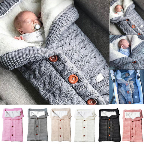 Infantile bébé tricoté chaud Swaddle sac de couchage bouton couverture polaire épaisseur automne/hiver poussette chaud couverture pour emmailloter 68*40cm ► Photo 1/6