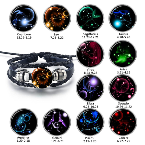 Bracelet à 12 constellations en cuir pour homme, breloques, bijoux bélier poissons verseau lion scorpion balance Gemini ► Photo 1/6