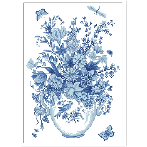 Vase à fleurs papillon bleu en point de croix, emballage en tissu, fil de coton brodé, 18ct, 14ct, 11ct, couture à la main travaux manuels ► Photo 1/1