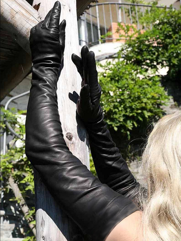 Gants en cuir de mouton véritable pour dames, très longues, sur l'épaule, noir ► Photo 1/5