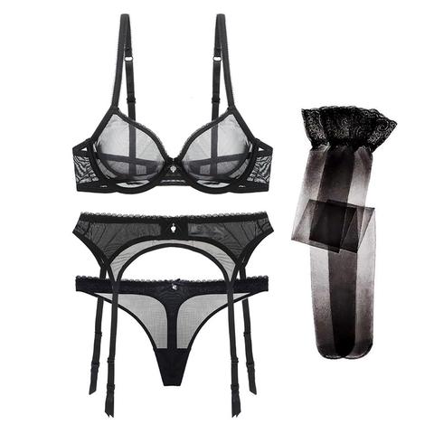 Femmes Transparent Ultra-mince Lingerie sous-vêtements solide dentelle voir à travers intimes femmes ensemble de soutien-gorge 4 Pcs/Lots ► Photo 1/6