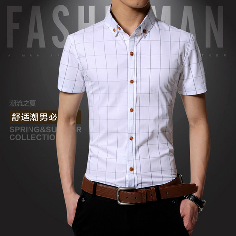 Chemise pour hommes, chemise de marque, manches courtes, à carreaux, en coton, décontracté, sociale ► Photo 1/6