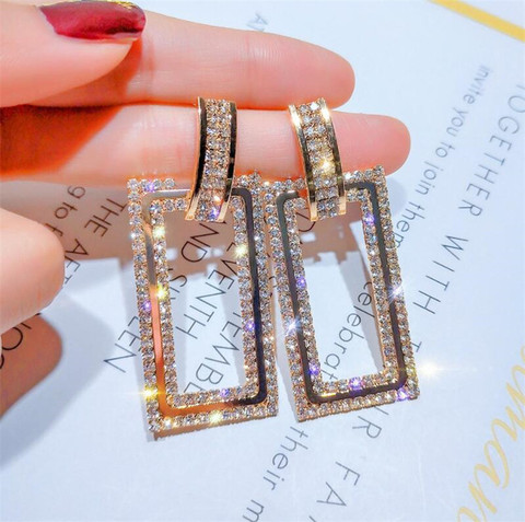 Boucles d'oreilles en cristal pour femmes, nouvelle tendance, rectangle en or, brillant, style latéral, marque, bijoux, cadeau ► Photo 1/6