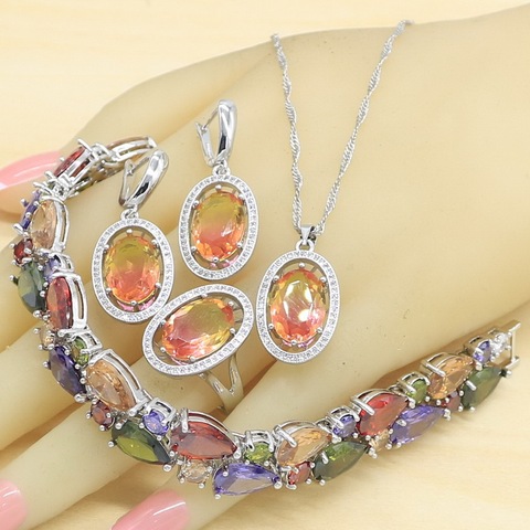 Ensemble de bijoux Semi-précieux pour femmes, rouge dégradé, couleur argent, boucles d'oreilles, Bracelet, bagues, collier, pendentif, boîte-cadeau ► Photo 1/6