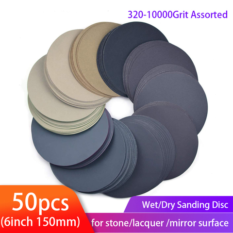 6 pouces disques de ponçage 150mm papier de verre étanche crochet et boucle papier de sable 320-10000 grain assorti pour 50pcs de polissage humide/sec ► Photo 1/6