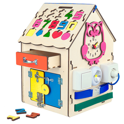 Busyboard busyhouse pour enfants AliceToys modèle 2. 30x30x40 cm. Panneau occupé maison jouets éducatifs Montessori biside en bois Sort ► Photo 1/6