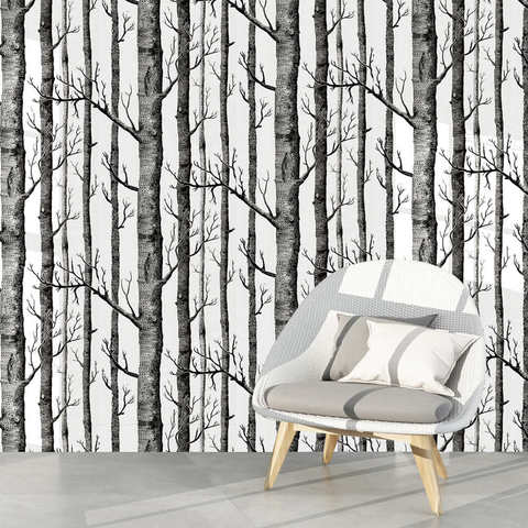 Papier peint auto-adhésif peeling et bâton d'arbre de bouleau, en bois, noir et blanc ► Photo 1/6