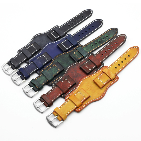 Onthelevel – Bracelet de montre en cuir pour hommes, 20mm, 22mm, 24mm, manchette, jaune, bleu, noir, vert, rouge ► Photo 1/6