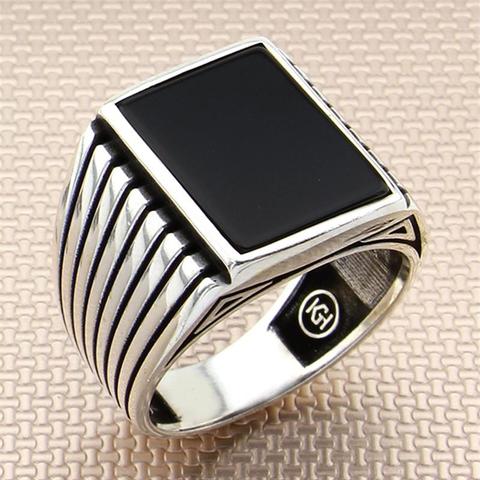 Bague en argent Sterling 925 avec pierre noire pour hommes | Bagues pour hommes en pierres précieuses d'onyx | Bijoux en argent pur faits à la main-bijoux turcs ► Photo 1/3