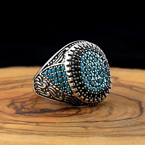 925 bague en argent Sterling pour hommes noir Zircon et Feroza pierres bijoux mode Vintage cadeau hommes anneaux toutes les tailles fabriqués en turquie ► Photo 1/3