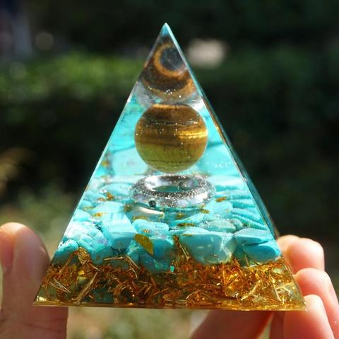 Pyramide Orgonite magique soleil oeil de tigre, boule de cristal, faite à la main avec Orgonite Turquoise, guérison énergétique, Chakra Reiki ► Photo 1/6