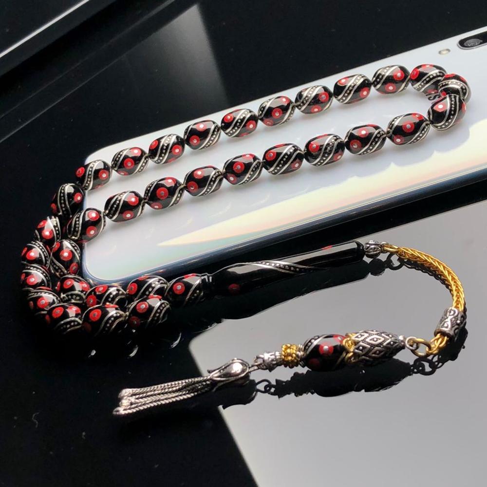 Première classe rouge Cesm Bulbul artisanat original Erzurum Oltu pierre Tasbih serrage gland Tesbih Misbaha chapelet de prière musulmane ► Photo 1/6