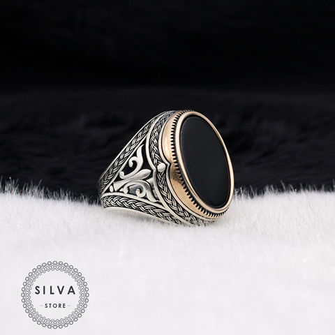 Bague en argent Sterling 925 pour hommes, avec pierre Onyx noire ► Photo 1/4