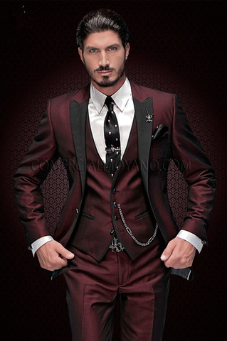 Tuxedos à revers noir bordeaux pour marié, costume de mariage, Blazer meilleur homme (veste + pantalon + gilet), 2022 ► Photo 1/6