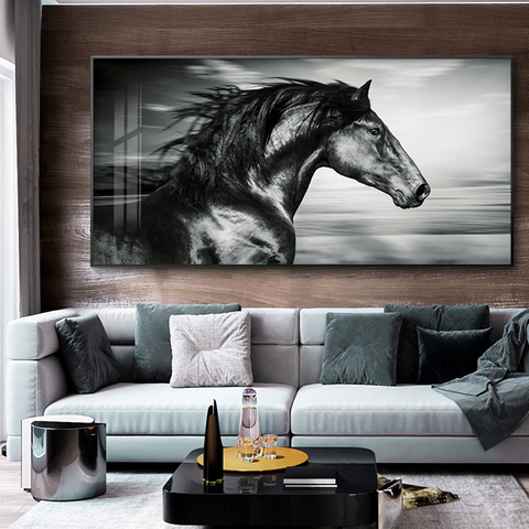 RELIABLI ART noir blanc cheval en cours d'exécution photos animaux affiches et impressions toile peinture Art mural pour la décoration de salon ► Photo 1/6