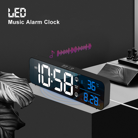 Réveil numérique à LED, musique, affichage de la température, horloge de bureau, miroir, décoration de Table, horloge électronique, 2000 mAh ► Photo 1/6