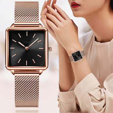 Zegarek Damski – montre-bracelet de luxe pour femmes, montre-bracelet en maille magnétique, Simple, carré, Rose or, mode ► Photo 1/6