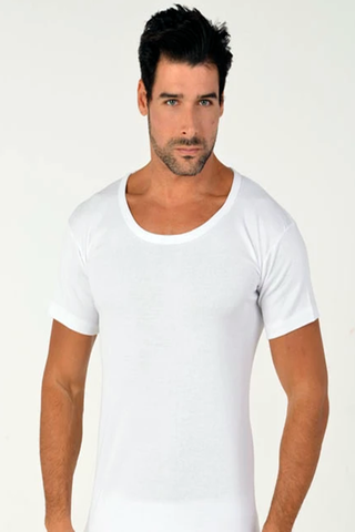 Maillot de corps à col large et manches courtes pour homme, 100% coton, texture de tissu naturel doux et durable, absorbe la sueur ► Photo 1/1